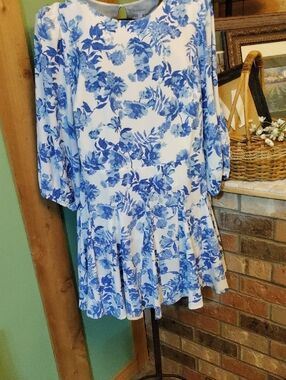 Sugarlips Blue Floral White Midi Dress with Pleated Skirt